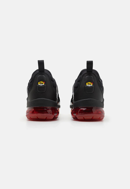 Nike Air VaporMax Plus Black Red Orange sneaker back view with distinctive red air unit.