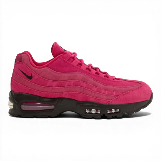 Nike Air Max 95 in Fireberry colorway featuring suede upper with black accents and visible Air cushioning.