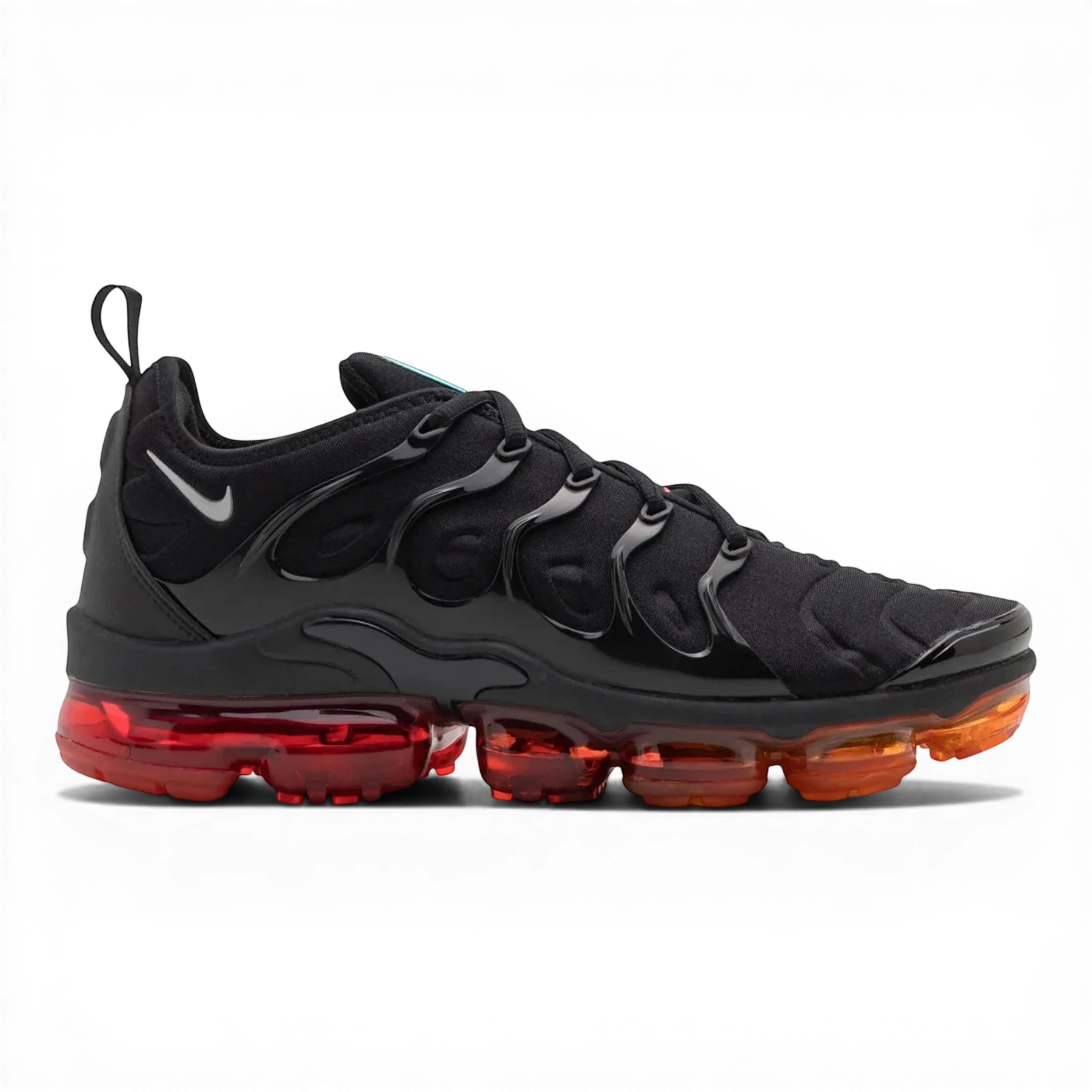 Nike Air VaporMax Plus Black Red Orange sneaker profile view with distinctive colorway and modern design.