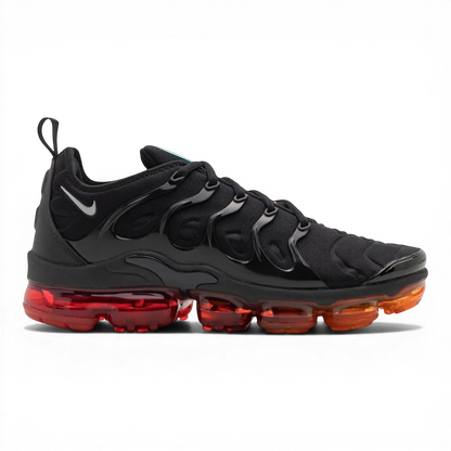 Nike Air VaporMax Plus Black Red Orange sneaker profile view with distinctive colorway and modern design.