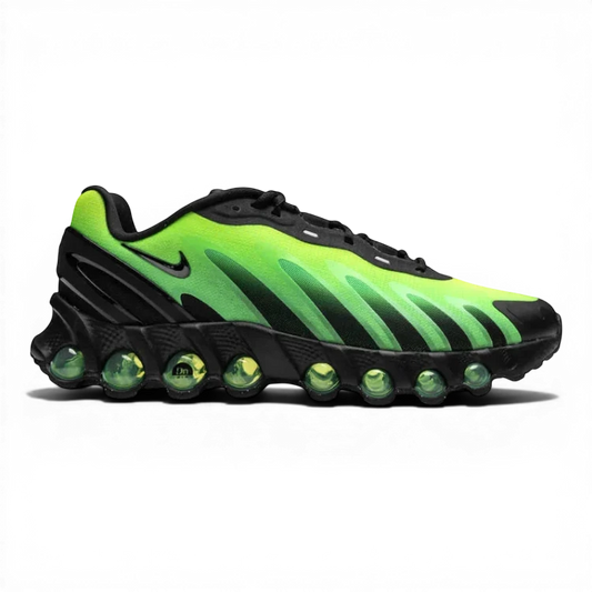 Nike Air Max Dn8 Black & Green Strike sneaker profile view with vibrant green details.